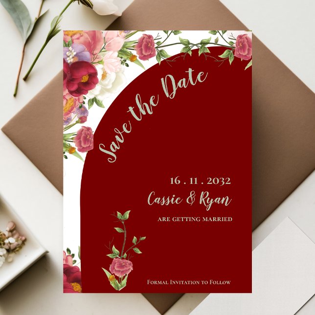 Lindo Arco Floral Vermelho para Casamento Salve a  (Pretty Red Floral Arch Wedding Save the Date Invitation )