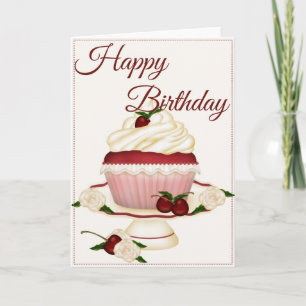 Lindo Cartão de Aniversário de Cupcake de Cereja E