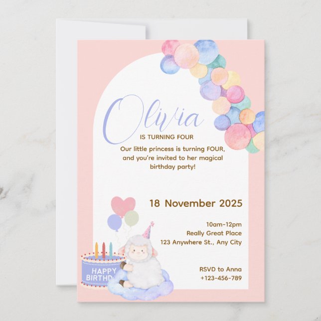 Lindo Cartão de Aniversário Rosa Princesa para Beb (Frente)