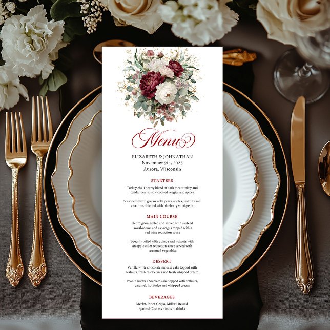 Lindo Cartão de Menu de Casamento Floral Boho Borg (Beautiful Boho Burgundy Floral Menu Card)