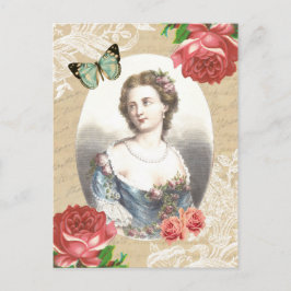 Lindo cartão postal vintage com senhora e rosas