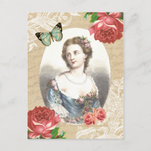 Lindo cartão postal vintage com senhora e rosas