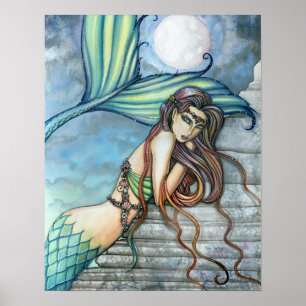Lindo Cartaz de Impressão de Aquarela de Sereia