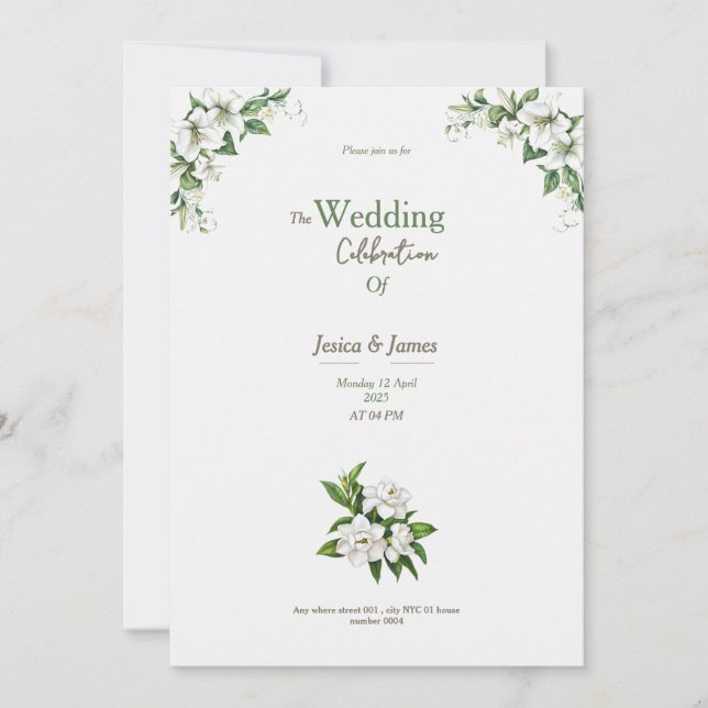 lindo convite de casamento aquarela botânica branc (Frente)