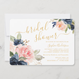 Lindo Convite de Noivado Rosa Azul Dourado Floral