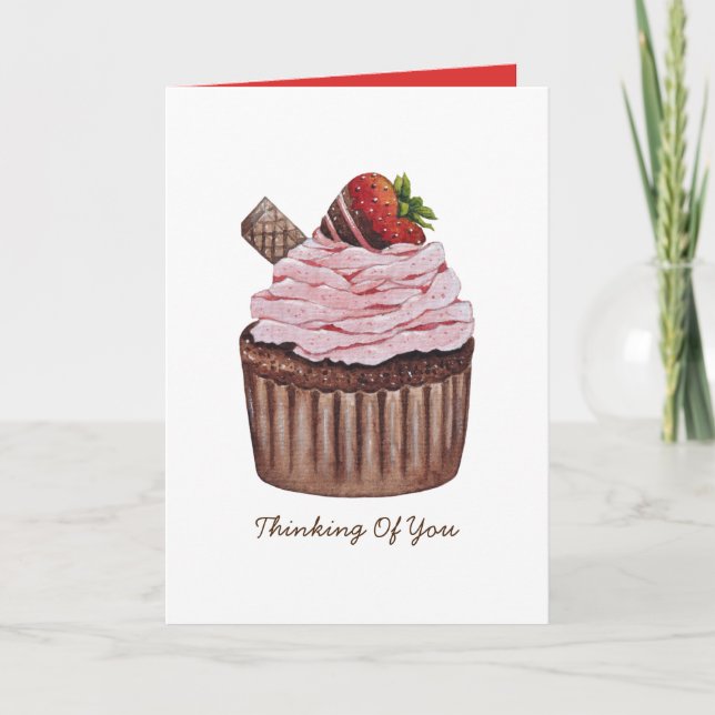 Lindo Cupcake de Morango em Cartão de Aquarela (Frente)