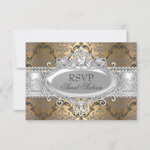 Lindo Damasko Dourado e Prateado RSVP para Sweet 1