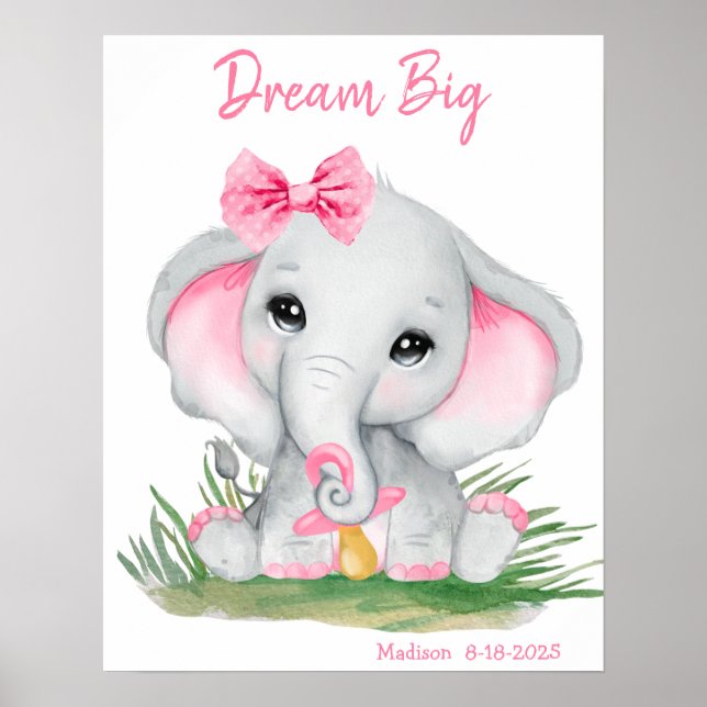 Lindo Elefante Rosa Sonhe Grande Poster Personaliz (Frente)