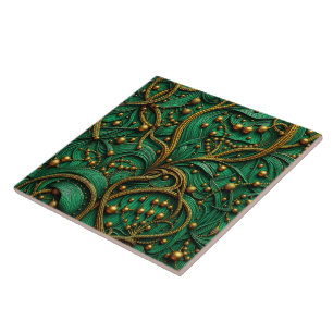Lindo Floral Abstrato Verde e Dourado com Contas