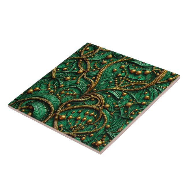 Lindo Floral Abstrato Verde e Dourado com Contas (Lateral)