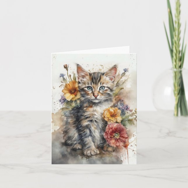 Lindo Gato Tabby Cinza Flores Cartão de Abertura e (Frente)
