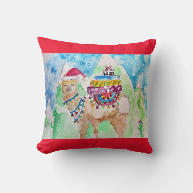 Lindo Llama de Natal Aquarela Almofada Decorativa  (Frente)