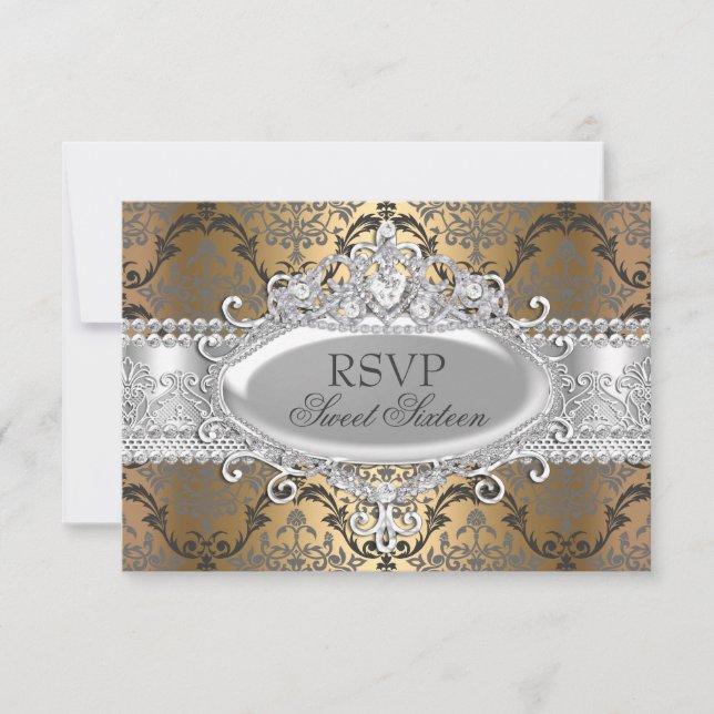 Lindo Ouro & Damask Prata Doce 16 RSVP (Frente)