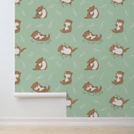 Lindo Padrão Contínuo de Lontra Kawaii em Verde Sa