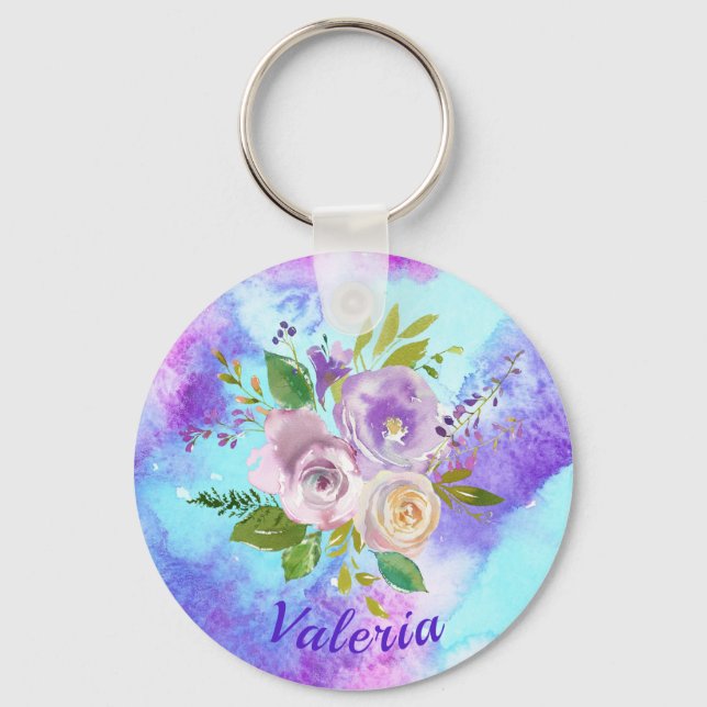 Lindo Porta-chaves de Flores de Aquarela Roxa (Frente)