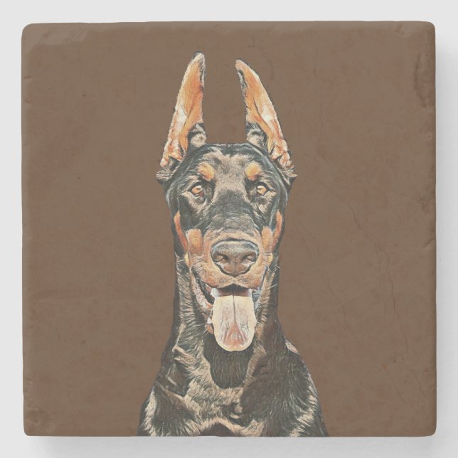 Lindo Porta-copos de Mármore com Dobermann Pintado (Frente)