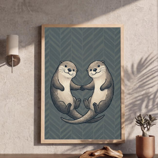 Lindo Poster de Arte de Lontras Fofas Segurando as