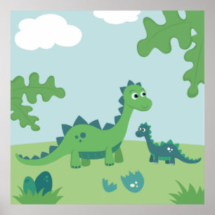 Lindo pôster de berçário de mãe dinossauro e menin