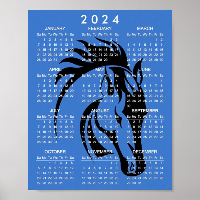Lindo pôster de calendário de cavalo preto 2024 (Frente)