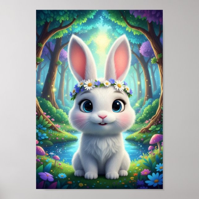 Lindo Poster de Coelho Floresta Fantasia (Frente)