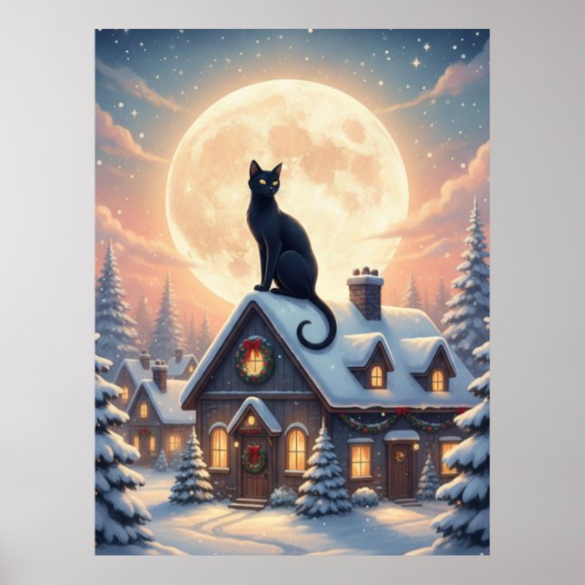 Lindo Poster de Gato Preto Sentado nas Nuvens (Frente)