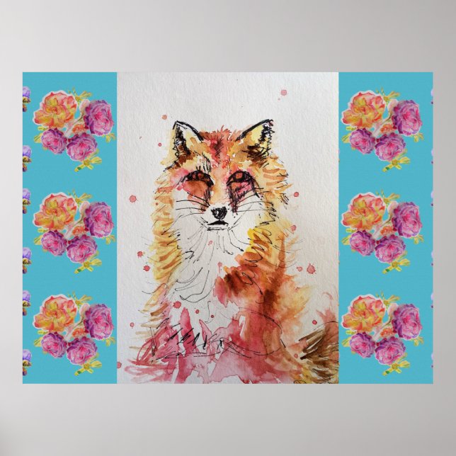 Lindo Poster de Raposa Vermelha com Rosa Azul (Frente)