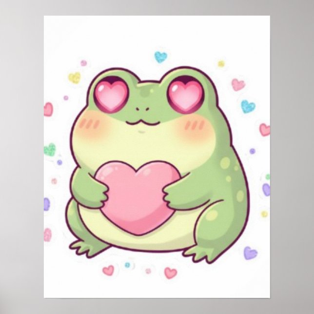 Lindo Poster de Sapo Segurando Coração Kawaii Aest (Frente)