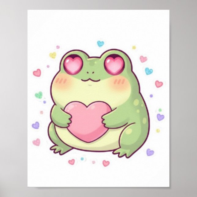 Lindo Poster de Sapo Segurando Coração Kawaii Aest (Frente)