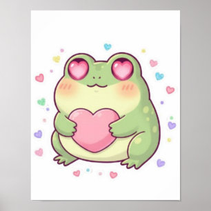 Lindo Poster de Sapo Segurando Coração Kawaii Sapo