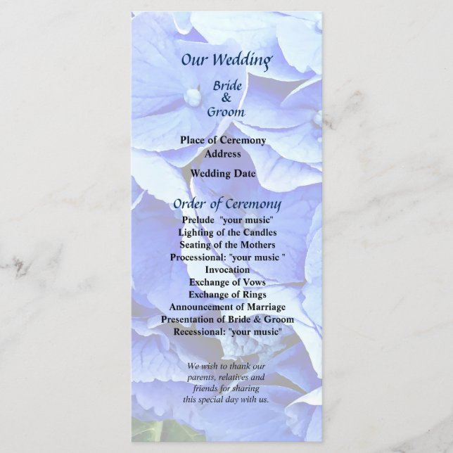 Lindo Programa de Casamento com Hortênsias Azuis (Frente)