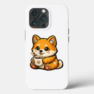 Lindo Shiba Inu com Café – Ilustração de Cachorro