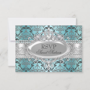 Lindo Teal & Prata Damask Sweet 16 RSVP