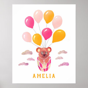 Lindo Urso de Pelúcia Balões Rosa Poster Nome da C