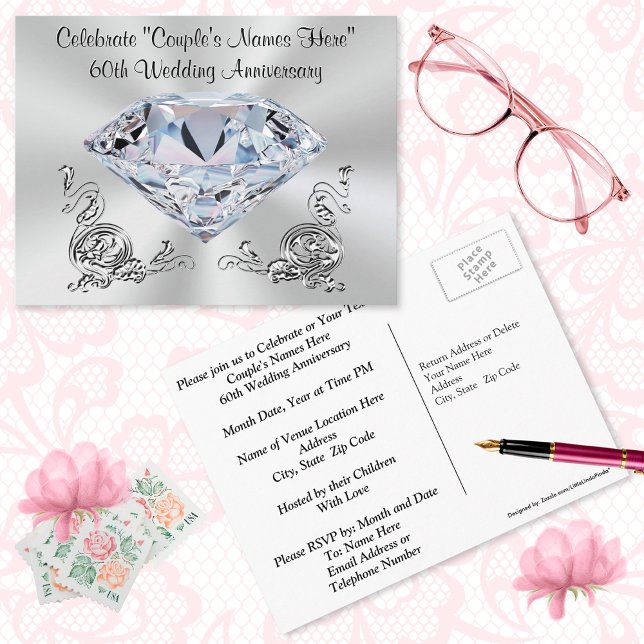 Lindos convites personalizados para 60 anos (Cheap, 60th Anniversary Invitations or 60th Anniversary Save the Dates, Post Cards. )