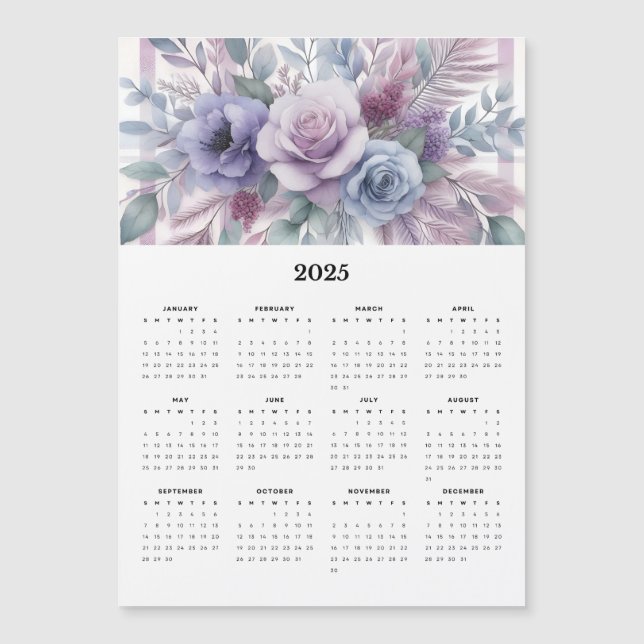 Lindos Flores Roxos 2025 Calendário Magnético (Frente)