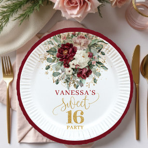 Lindos Pratos de Papel Florais Rosa Bege Burgundy