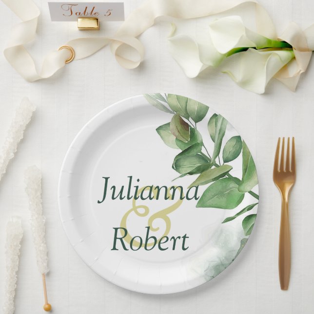 Lindos pratos de papel verde à aguarela (Casamento)