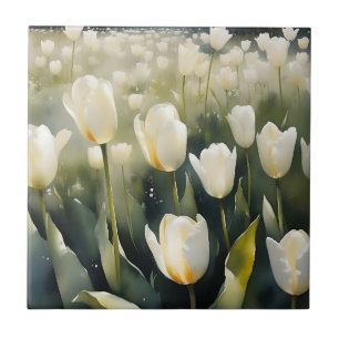 Lindos tulipas brancas jardim pintura aquarela