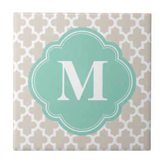 Linen Beige & Aqua Modern Monograma Personalizado