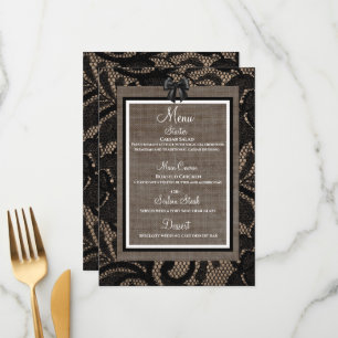 Linen e preto de rendas, burlap branco, menu Lenin