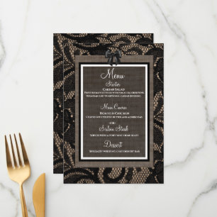 Linen e preto de rendas, burlap branco, menu Lenin