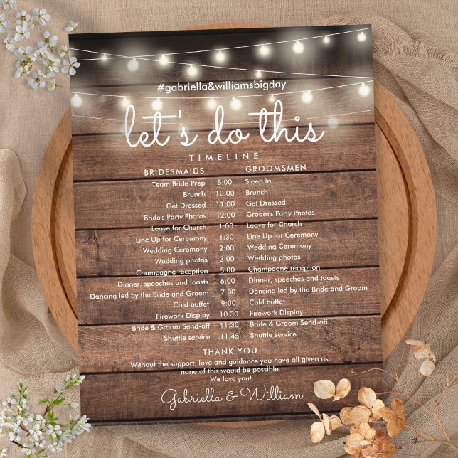 Linha Cronológica da Programação de Casamento Russ (String Lights Rustic Wedding Schedule Timeline)