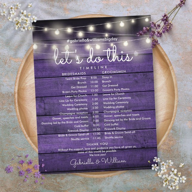 Linha Cronológica das Luzes Rústicas de Casamento  (String Lights Rustic Purple Wood Wedding Timeline)