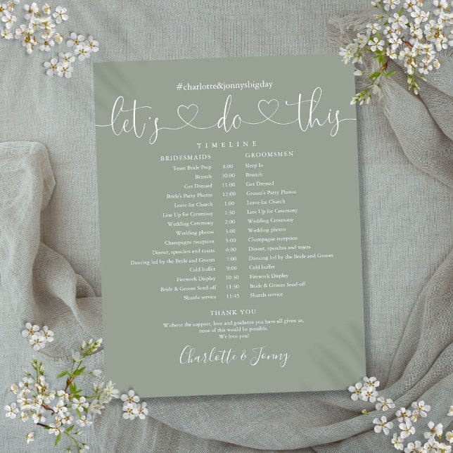 Linha Cronológica de Programação de Casamento de S (Sage Green Heart Script Wedding Schedule Timeline)