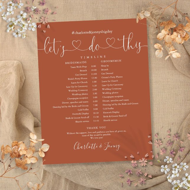 Linha Cronológica do Horário do Horário de Casamen (Terracotta Heart Script Wedding Schedule Timeline)
