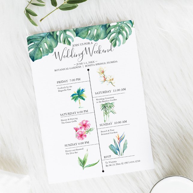 Linha do Tempo de Fim de Semana de Casamento de De (Timeline destination wedding invitations feature tropical watercolor art by Victoria Grigaliunas )