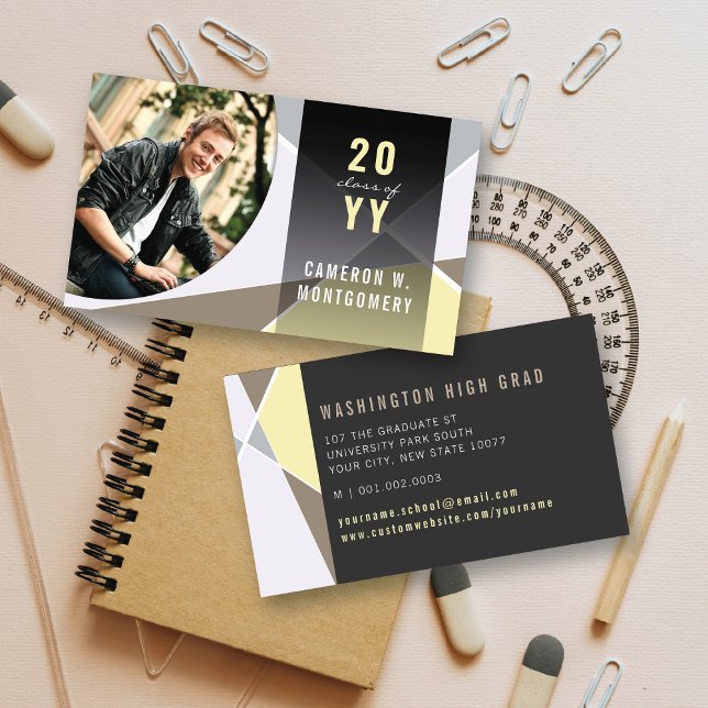 Linhas Geométricas Elegantes Mod Foto de Contato d (Stylish Geo Criss Cross Graduation Photo Contact Calling Card @ www.zazzle.com/color_therapy)