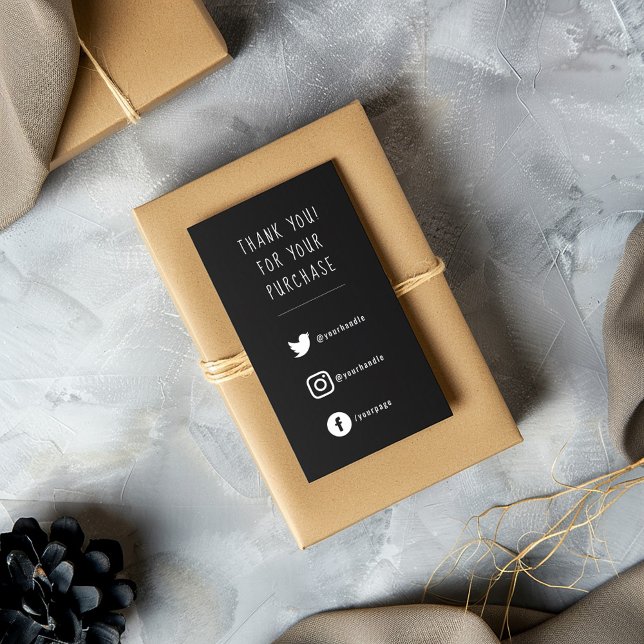 Links sociais, branco sobre a placa de inserção de (White on black fun text social media enclosure card to say thank you to your customers)