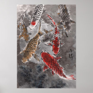 LinLi China Watercolor Art Impressão - Peixe KOI #