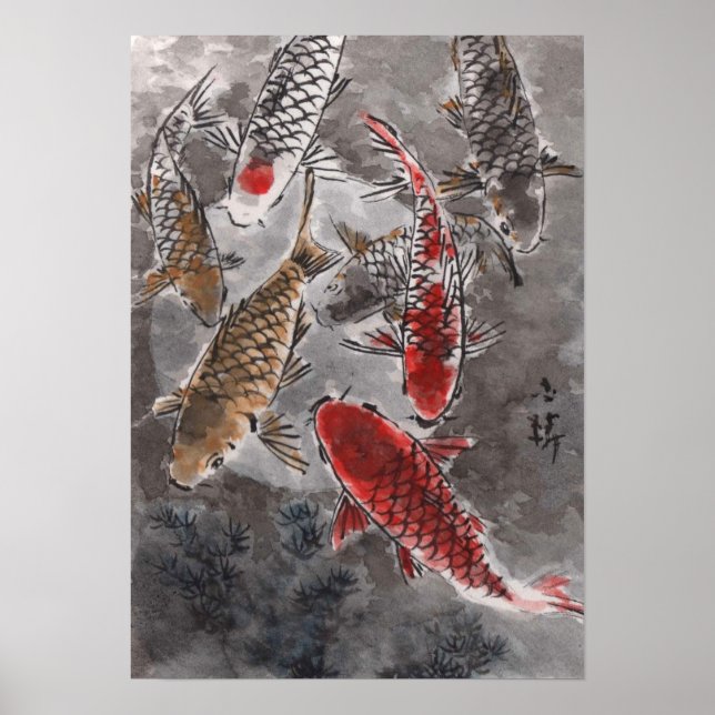 LinLi China Watercolor Art Impressão - Peixe KOI # (Frente)